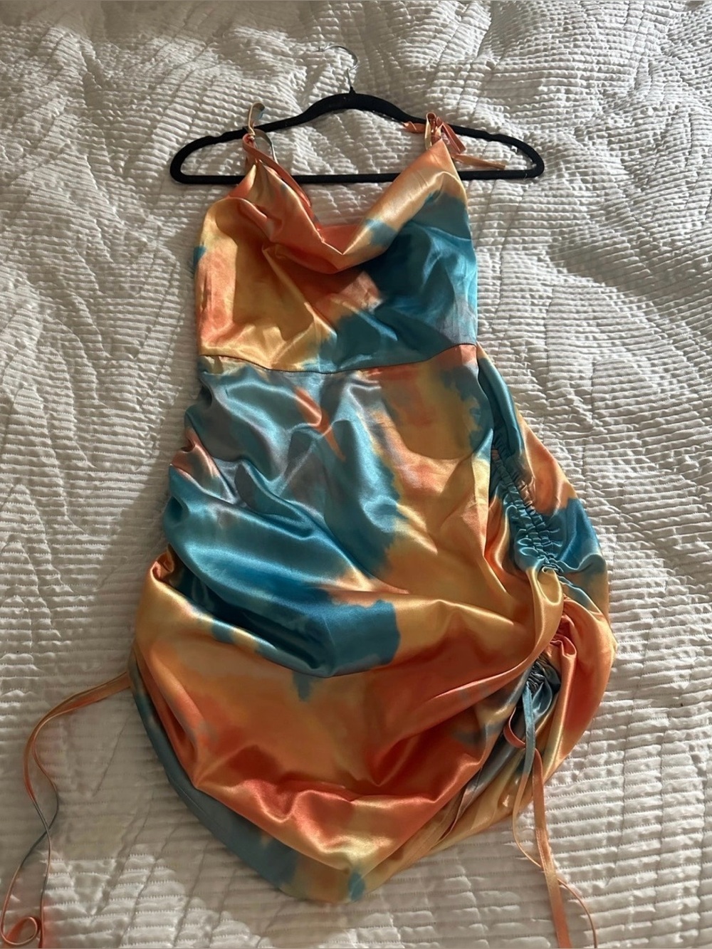 Satin Cowl Neck Slip Dress in Sunset Tie-Dye